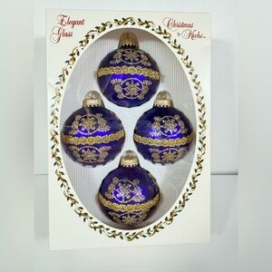 Elegant glass Christmas royal blue, gold ornaments by Krebs